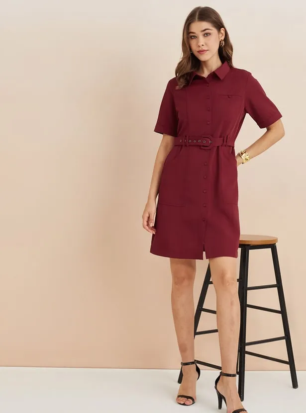 LATIN QUARTERS Belted Shirt Collar Buttoned Dress